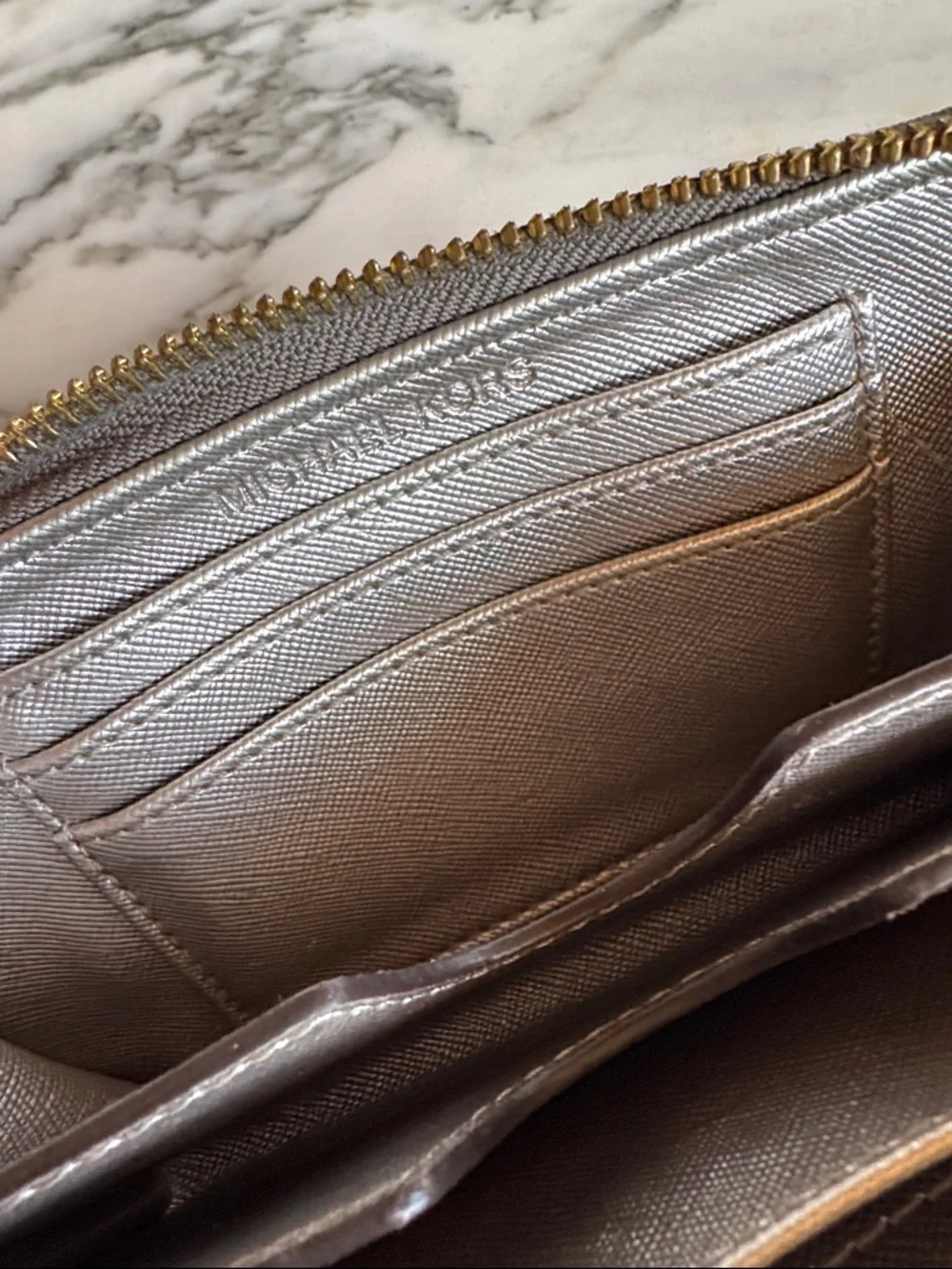 Michael Kors Metallic Pewter Leather Zip Around Wristlet Wallet Gold Hardware